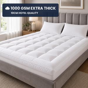 Extra Thick Mattress Topper 10cm / 4 Inch – 1000 GSM Heavy Fill Bounce Back | Hotel Quality Box Stitched Mattresses Toppers Microfibre | Elasticated Corner Straps | Soft Breathable Hypoallergenic | Single Double King Super King Bedding Size