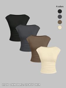 Women's Fashion Casual Knitted Round Neck Slim Fit Ruched T-Shirt Set, 4-Piece for Spring & Fall, Comfortable Daily Wear