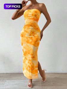 LovelyWholesale, Mother's Day for under ten dollars, don't miss out! Women's All Over Print Ruched Backless, Strapless Split Thigh Bodycon Tube Dress, Sundress Maxi Dress, Long Dress for Spring And Summer, Ladies Clothes for Beach Holiday, Elegance