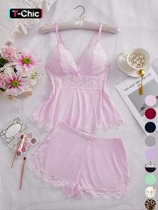 Women's Solid Color Lace Trim Crop Cami  Top & Shorts Pyjama, Casual Comfy  Sleeveless Top & Shorts Pj Set, Ladies Sleepwear for All Seasons, Womenswear