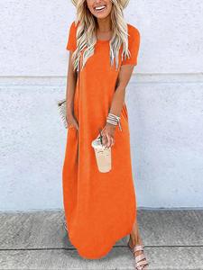 Women's Short Sleeve Round Neck Long Dress with Pockets, Casual Summer Fashion, Comfortable Fit, Perfect for Daily Wear