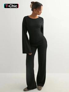 Women's Fashion Solid Color Casual Round Neck Flare Long Sleeve Top & Straight Leg Pants Set, Comfortable Muslim Spring Autumn