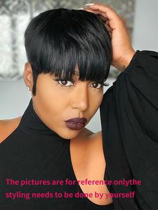 10 Inch Short Straight Pixie Cut Human Hair Wig with Bangs, Natural Looking Gorgeous Fluffy Human Hair Wigs for Women, Human Hair Full Machine Wigs for Party, Daily Use