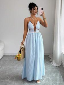 Women's Vacation Striped Deep V Neck Sexy Halter Dress, Elegant Summer, Perfect for Beach & Poolside, Trendy Fashion Piece
