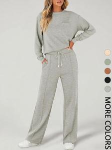 2 Piece Women's Casual Long Sleeve Pocket Sportswear Set, Stylish Wide Leg Athletic for All Seasons, Comfortable Fitted Fashion
