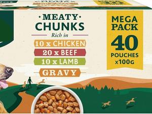 Meaty Chunks Adult Wet Dog Food Mixed in Gravy Beef, Chicken, Lamb 40x100g Pouches