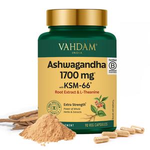 [VAHDAM] Ashwagandha 1700mg Capsules | KSM-66 Root Extract | 5% Withanolides | L-Theanine Complex | Stress & Sleep Support | 90 Vegan Capsules | Food Supplement UK Healthcare