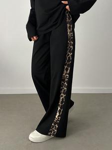 Women's Plus Size Wide Leg Pants, Side Leopard Print Design, Casual Fashion Daily Wear, Trendy Streetwear Style