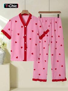 Valentine's Day Elegant Women's Sleepwear Set, Heart Pattern V Neck Short Sleeve Top and Long Pants, Lightweight Polyester Homeewear