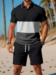Men's Colorblock Short Sleeve Polo Shirt & Pocket Drawstring Waist Shorts Two-Piece Set, Regular Fit Casual Fashion Cozy Breathable Men Two-Piece Outfits for Summer Beach Vacation