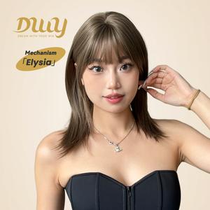 Elysia-DWY Machine Made Mid-length Straight Layer-cut Glueless Synthetic Wig with Air Bangs for Women 6 Shades 16 Inches