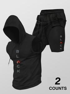 Two-piece Set Men's Hooded Tank Top & Shorts Set, Regular Fit Casual Sleeveless Top & Shorts, Men's Clothing Set for Summer, Black Set