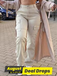 Women's Plain Multi-pocket High Waist Cargo Pants, Casual Elastic Waist Button Fly Trousers for Fall & Winter, Women's Bottoms for Daily Wear