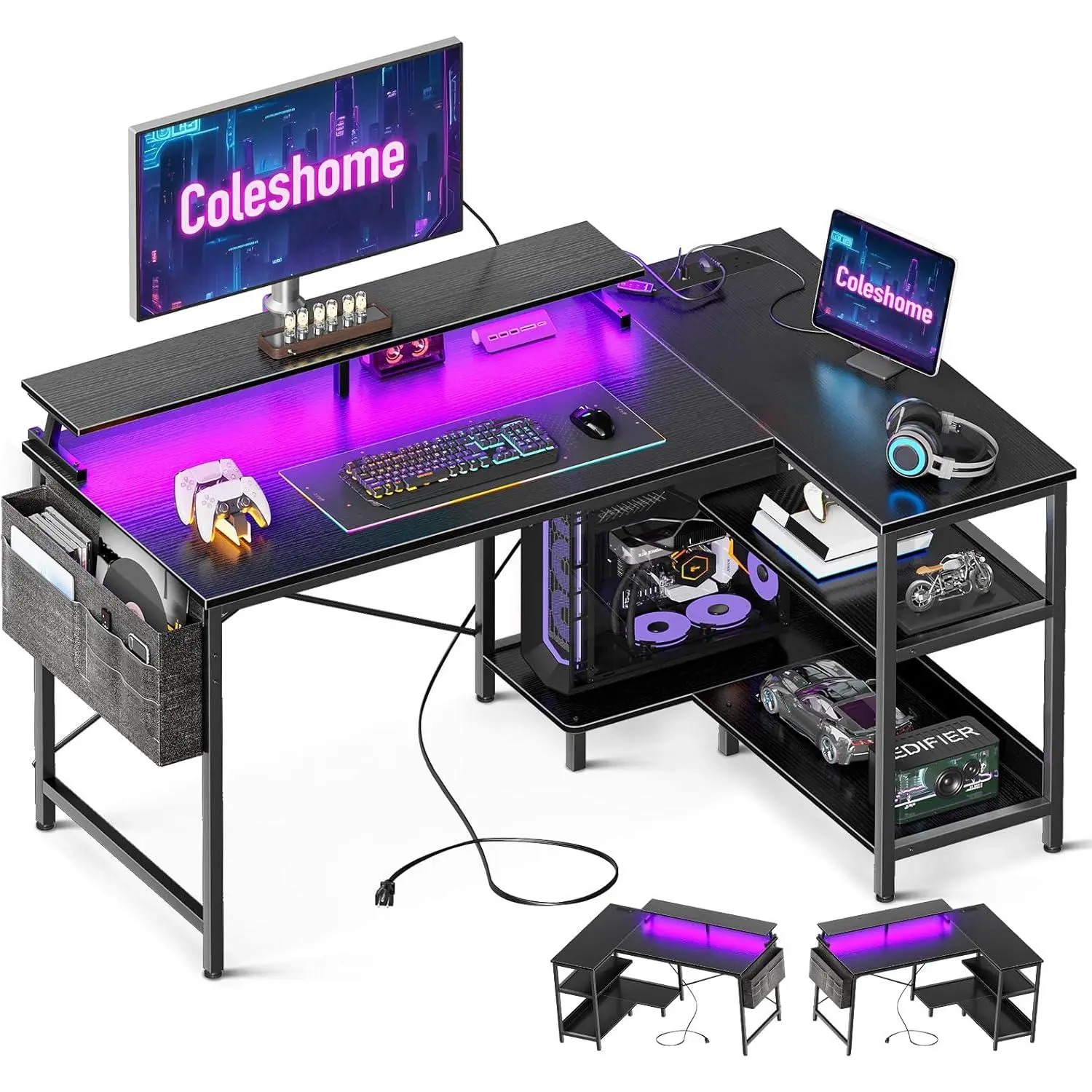 UK SELLER585 120cm Gaming Desk with USB Charging Ports and LED Lights, Reversible L Shaped Computer Desks with Storage Shelves & Monitor Stand, Corner Home Office Desk Table with Power Outlets, Black