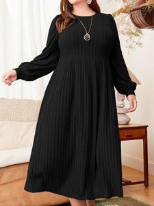 【Plus Size】  Solid Color Bishop Sleeve A Line Dress, Elegant Long Sleeve Round Neck Ribbed Dress for Fall & Winter, Autumn Dresses, Women's City Chic Dress UK for Daily Vacation Party, Long Dresses, Mummy Tummy Outfits Uk