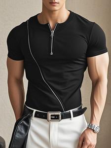 Men's Solid Color Half Zipper Short Sleeve Tee, Slim Fit Casual Crew Neck T-shirt for Summer, Fashion Men's Top for Daily Wear