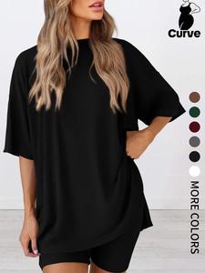 Plus Size Women's 2 Piece Casual Set, Short Sleeve T-Shirt and Shorts, Soft Stretch Summer Loungewear, Comfortable Home
