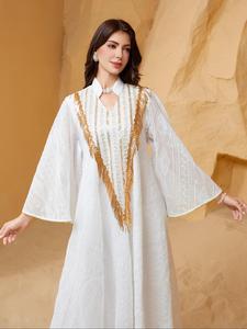 Women's Embroidery Fringe Trim Abaya, Elegant Long Sleeve Dress for Party Wedding Guest, Ladies Islamic Clothing for Spring & Fall