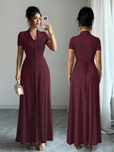Wine Striped Knit Long Dress, Stand Collar Front Button Tie Waist Short Sleeve, Elegant Women's Fashion