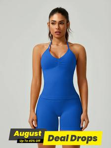 Women's Solid Ruched Design Backless Halter Top & High Waist Shorts Tracksuit Set, Sporty Breathable Comfortable Two-piece Outfits for Yoga Gym Workout Running, Yoga Lounge Suit, Sportswear All Seasons Running Fitness, Athleisure Wear