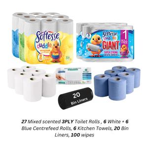 "NEW Arrivals" SOFTEESE Cuddle   Mixed Product Pack 27 Toilet Rolls, 6 Kitchen Towels , 20 Bin Bags, 6 white + 6 Blue Centrefeed and 100 Multi surface cleaning wipes. Tissue - Panda Cuddle