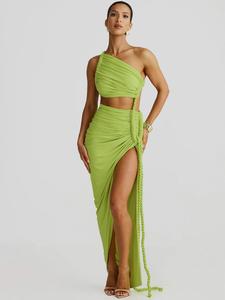 Women's Plain One Shoulder Ruched Split Hem Dress, Solid Color Sleeveless Cut Out Long Dress for Party Club Dating Wear, Ladies Summer Clothes, Womenswear