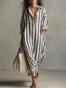 Women's Oversized Striped Shirt Dress, Mixed Fabric Notch Lapel Loose Outerwear, Fashion V-Neck Long Striped Three-Quarter Sleeve Dress