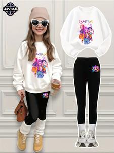 Girls' K-Pop Demon Hunter Print Set, Casual Loose Fit Sweatshirt & Bottoms, Comfortable Elastic Waist Pants, Fall Winter