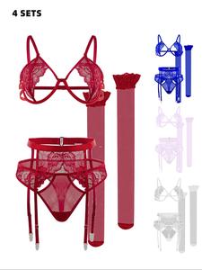 Women's Lace Sexy Lingerie Set, Solid Color Bra & Thong & Garter Belt & Stocking, Elegant Comfy Breathable Lingerie Set for Women