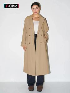 Fall & Winter Trendy Solid Color Lapel Double Breasted Waist Tie Trench Coat