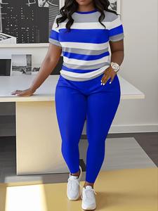 Women's Striped Print Tee & Skinny Pants Two-piece Set, Casual Round Neck Short Sleeve T-shirt & Trousers for Daily Wear, Ladies Two-piece Outfits for Spring & Fall, Womenswear