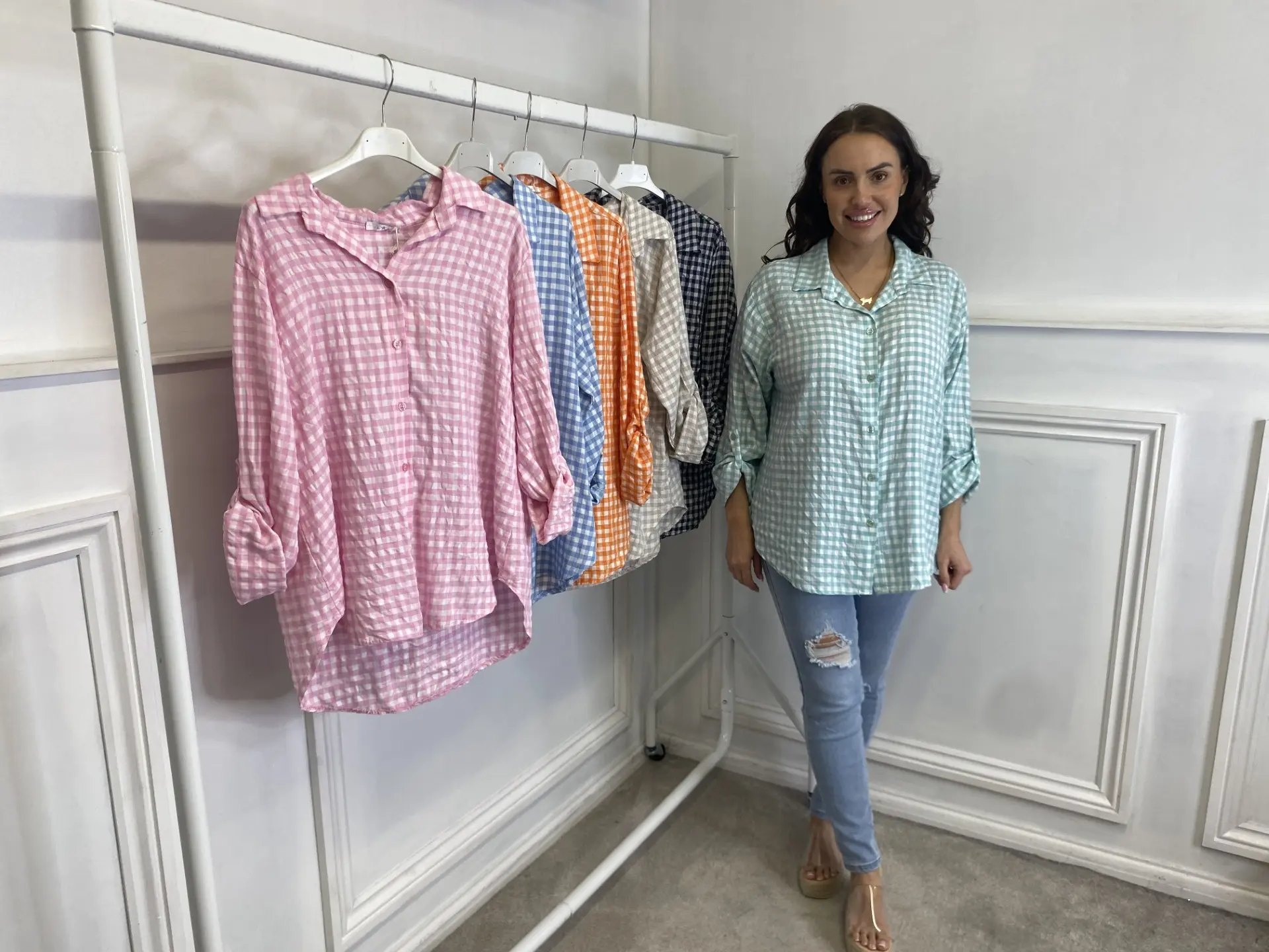 KMO GEORGIE gingham roll sleeve button through shirt