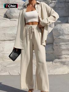 Women's Solid Button Front Shirt & Drawstring Waist Wide Leg Linen Pants Two-piece Set, Casual Drop Shoulder Long Sleeve Summer Tops & High Waist Trousers for Spring & Fall, Ladies Matching Sets Clothes for Daily Wear