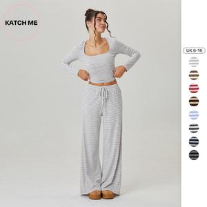 Katch Me Look Women's Slouchy Square Neck Stripe Long Sleeve Crop Top & Low-Rise Wide Leg Trousers Co-ord, Minimalist Two Piece Outfits, Cozy Womenswear