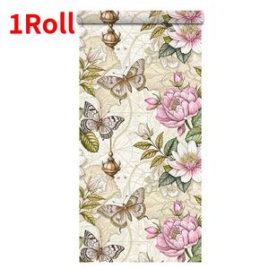 Vintage Floral & Butterfly Pattern Wallpaper, 1 Roll Waterproof Self-Adhesive Removable Paper, Wall Decoration For Home Living Room Bedroom Kitchen, Decorative, Interior