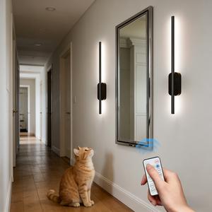 2pcs Black Modern Style LED Wall Light with Three Adjustable Colors, Rechargeable, Remote control, Light Dimmable, Featuring a Metal Finish And Semi-Recessed Installation, Suitable for Bedrooms, Hallways, And Living Rooms, Hardwired
