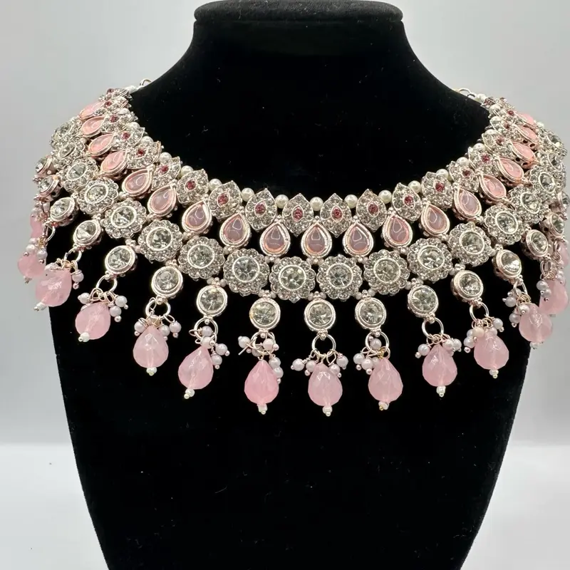 Traditional Pink Kundan Jewellery Set with Earrings and Necklace for Elegant Occasions(040)