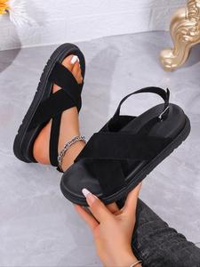 Women's Fashionable Plain Color Breathable Cross Strap Flat Sandals, Toe Sandals, Leather Sandals, Black Slippers Comfy Sandals, Casual Comfortable Slingback Sandals for Summer, Lightweight Breathable Shoes for Daily Wear, Girl, Footwear