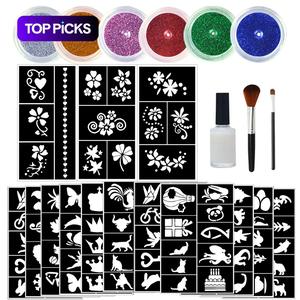 Temporary Glitter Tattoo Kit, 6 Counts Glitter Tattoos for Body Art Painting & 14 Sheets Unique Templates Stencils & 1 Count Glue & 2 Counts Brush, Body Art Painting Tool for Women & Girls