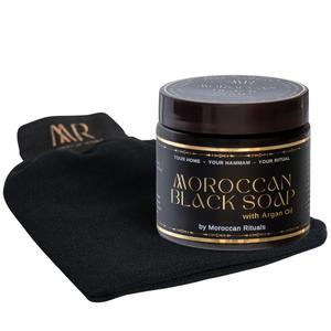 Moroccan Hammam Scrub with Argan Oil (Black Beldi Soap), plus genuine Moroccan Kessa Glove, all crafted in Morocco. Body Care Exfoliate Moisturize Body Wash Skincare