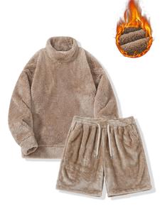 Men's Solid Long Sleeve Stand Collar Sweatshirt & Drawstring Waist Pocket Shorts Fuzzy Two-piece Set, Casual Fashion Cozy Breathable Two Piece Outfits for Daily Outdoor Wear, Men Clothes for Fall & Winter