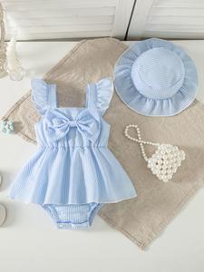 Summer Baby Girl Striped Onesie Bodysuit Outfit, Large Bow Fly Sleeve Bib Overall, Infant with Sun Hat, Newborn Summer Festival Gift
