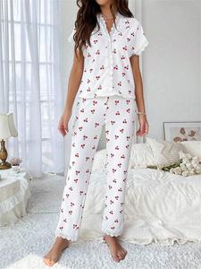 Two-piece Set Women's Cherry Print Lace Trim Top & Pants Pyjama, Casual Comfy Short Sleeve Top & Trousers Set, Ladies Sleepwear for All Seasons, Pyjamas for Women, Lounge Set for Women, Summer Loungewear, Pajamas Loungewear, Womenswear, Shortsleeve Pjs