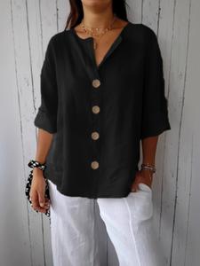 Summer New Versatile Slimming Top, Loose Casual Shirt for Women, V-Neck Comfortable Breathable Cotton Linen Button T-Shirt, Ladies' Upper Garment