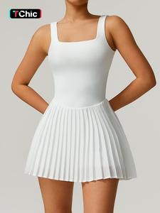TIMEOFF Ladies' soft and comfortable cloud like fabric square neck hollowed out beautiful back suspender tennis pleated skirt to avoid embarrassment built-in one-piece shorts sports vest skirt, golf fitness yoga built-in pocket quick drying sports dress