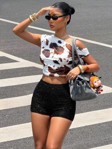 Women's Sequin Decor High Waist Skinny Pants, Casual Shorts with Zipper Closure, Spring Summer Fall Fashion, Slim Fit Design, High Stretch Shorts