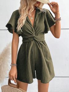Women's Twist Butterfly Sleeve Romper, Casual V Neck Wide Leg Jumpsuit, Ladies Summer Clothes for Daily Wear, Hide Tummy Outfits Uk