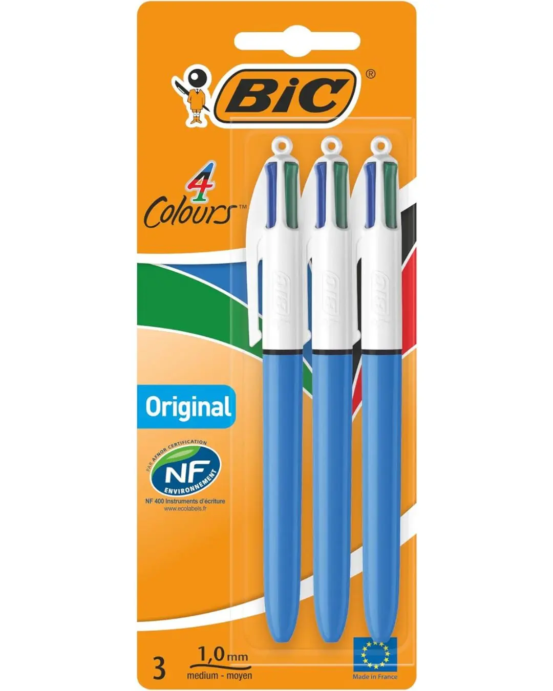 4 Colours Original Pens, Multi Coloured Pens All In One, Biro Pens, Medium 1.0mm, Green, Blue, Red, Black, 3 Pens Per Pack, 1 Pack