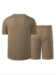 Men's Solid Short Sleeve Tee & Drawstring Waist Shorts Set, Regular Fit Casual Round Neck T-shirt & Shorts, Men's Summer Clothes