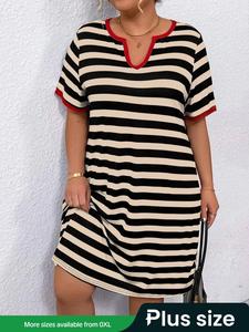 【Plus Size】 Striped Print Notched Neck Dress, Casual Fit Comfy Short Sleeve Dress for Summer, Women's Curvy Clothing for Daily Wear, Shortsleeve Dress